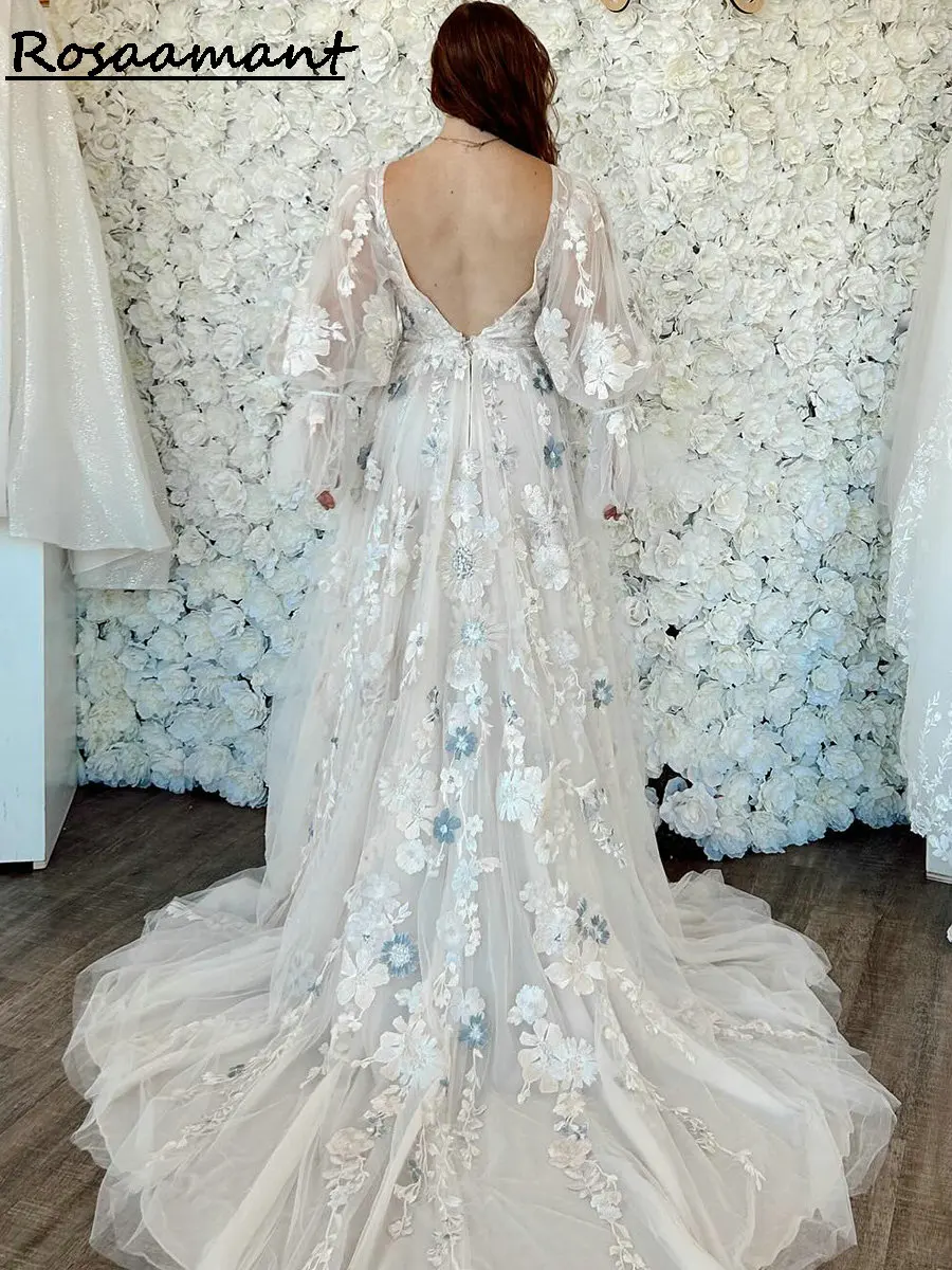 Gorgeous Long Sleeve Backless A-line Wedding Dresses V-Neck Floral Appliques Lace Bridal Gowns Robe De Mariée