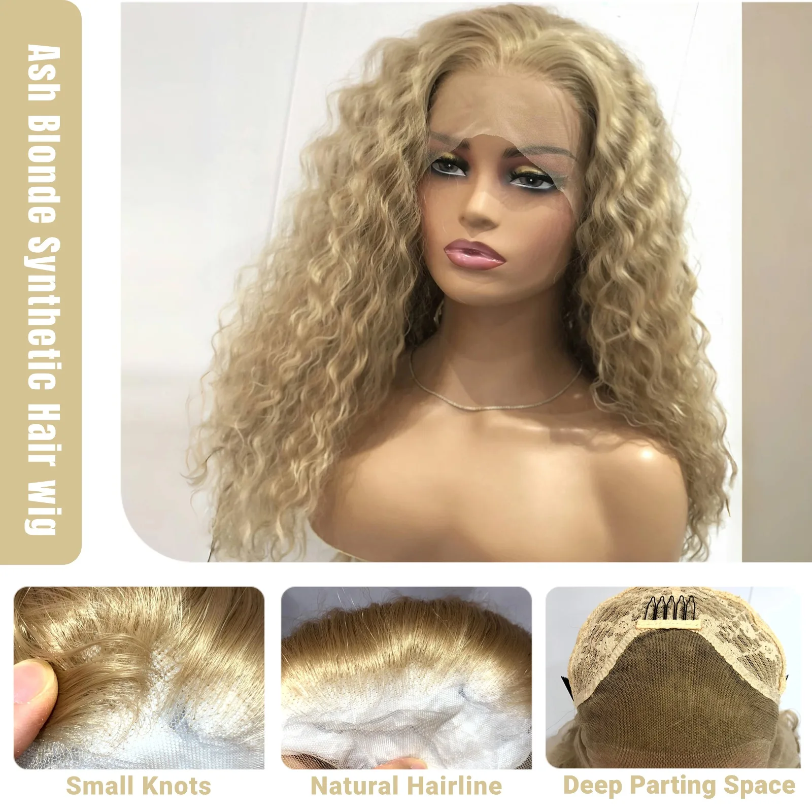 Ash Blonde Wig Long Blonde Curly Wig Synthetic Lace Front Wig Glueless Wigs Ready to Wear Water Wave Curly Lace Wigs for Women