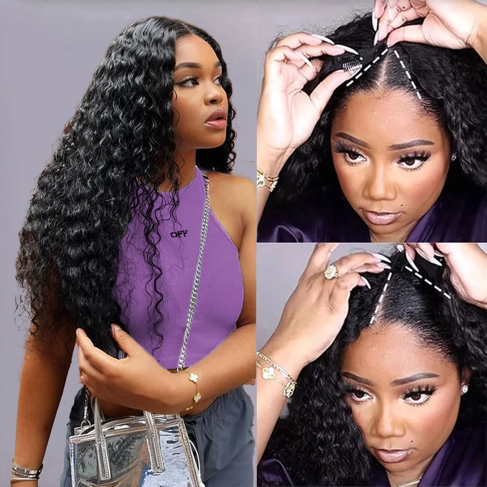 30 Inch Curly V Part Wig Human Hair Brazilian Virgin Human Hair Wig  Upgrade U Part Wig Glueless V Shape Wig Natural Black Color image 2
