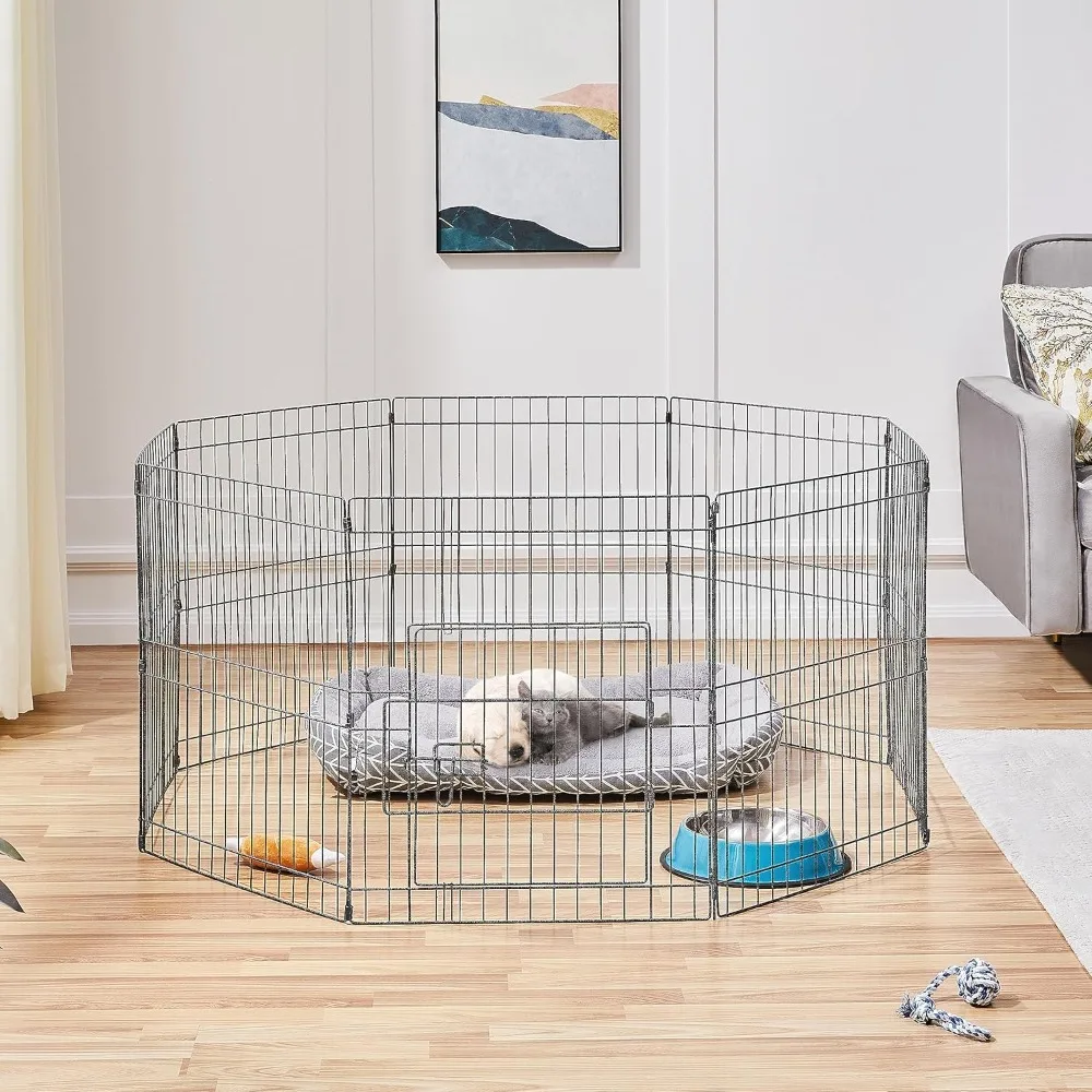 

Panel Foldable Metal Dog Exercise Pen Pet Playpen Dog Fence Outdoor & Indoor Use for Small Animals with Door Black