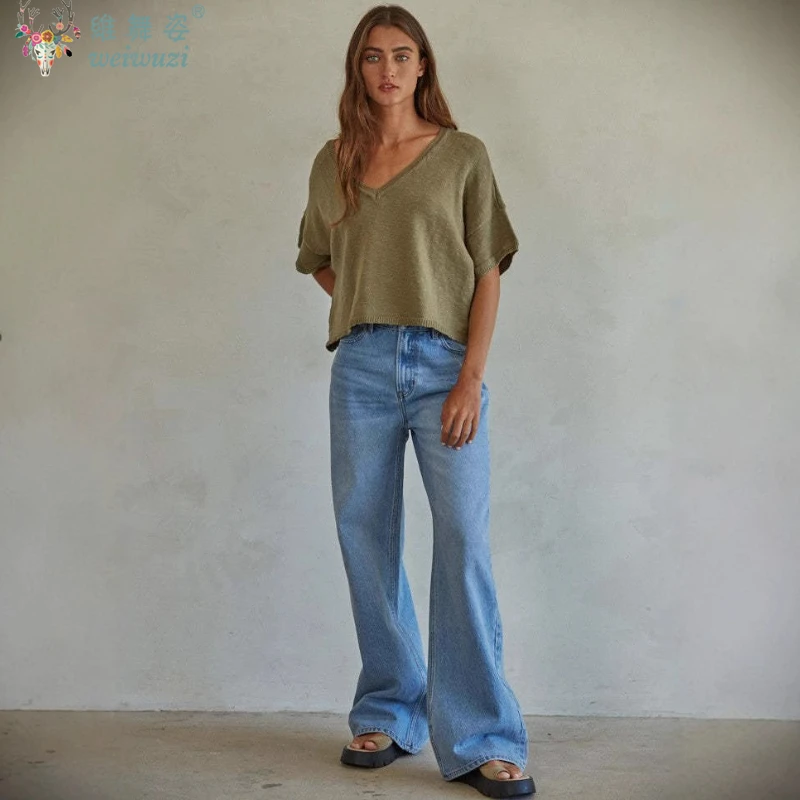 Celana Jeans Wanita Celana Denim Biru Pinggang Tinggi dengan Saku Fashion Kasual Celana Panjang Lebar Musim Gugur Streetwear Korea Baru