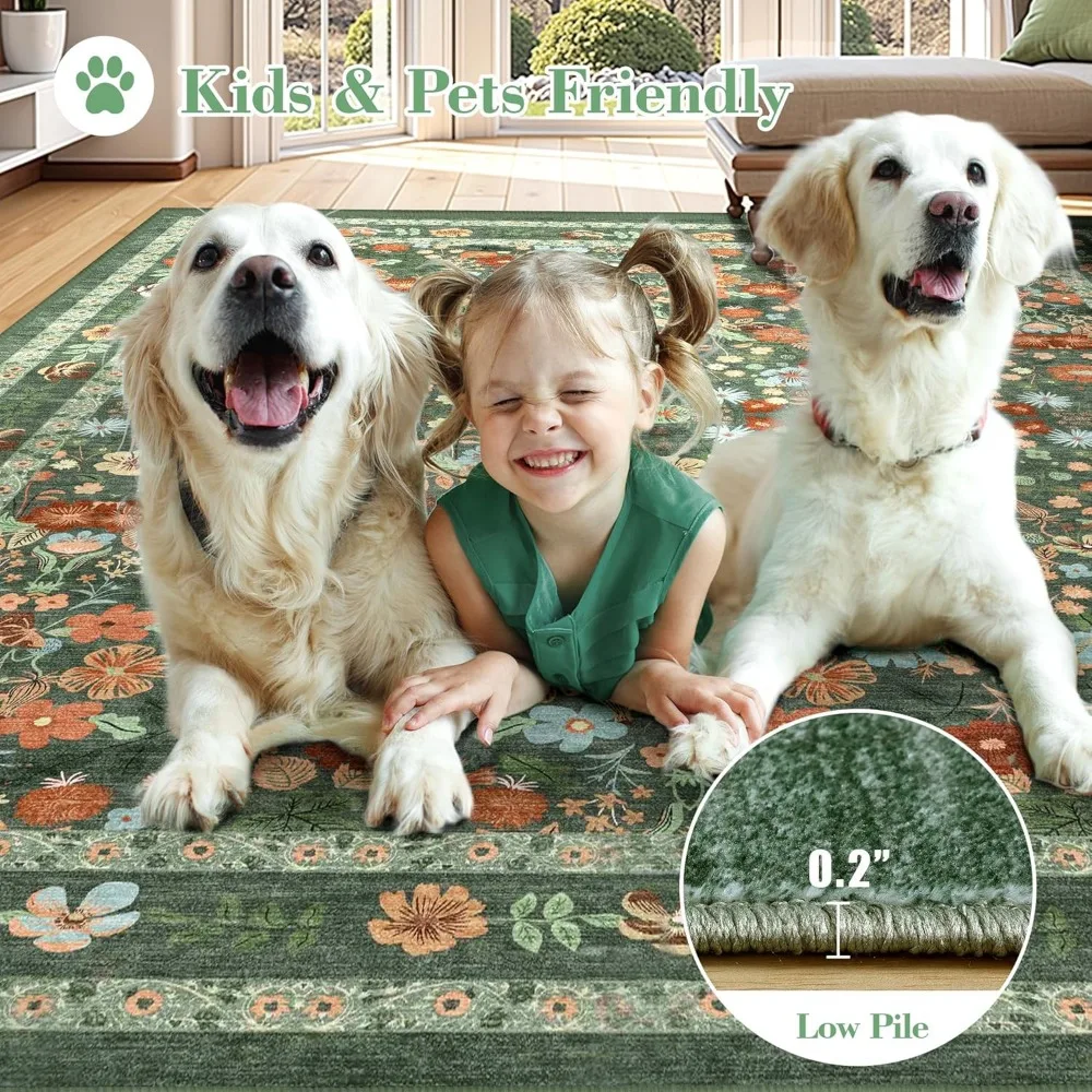 Herten Groene Wasbare Bloementapijten 8x10 Grote Vintage Boho Antislip Woonkamertapijt Zacht Laag Stapel Dunne Slaapkamer Vloermat Indoo