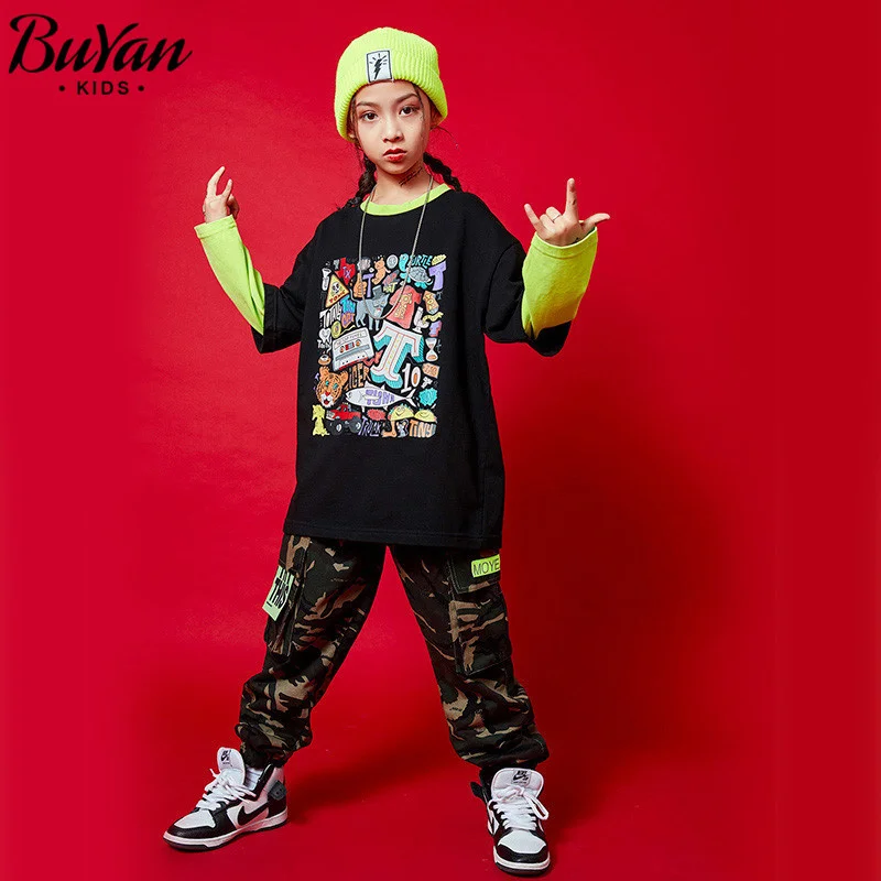 Vêtements tendance pour enfants, style Hip hop, pull à col rond, pantalon de camouflage ample pour filles et garçons