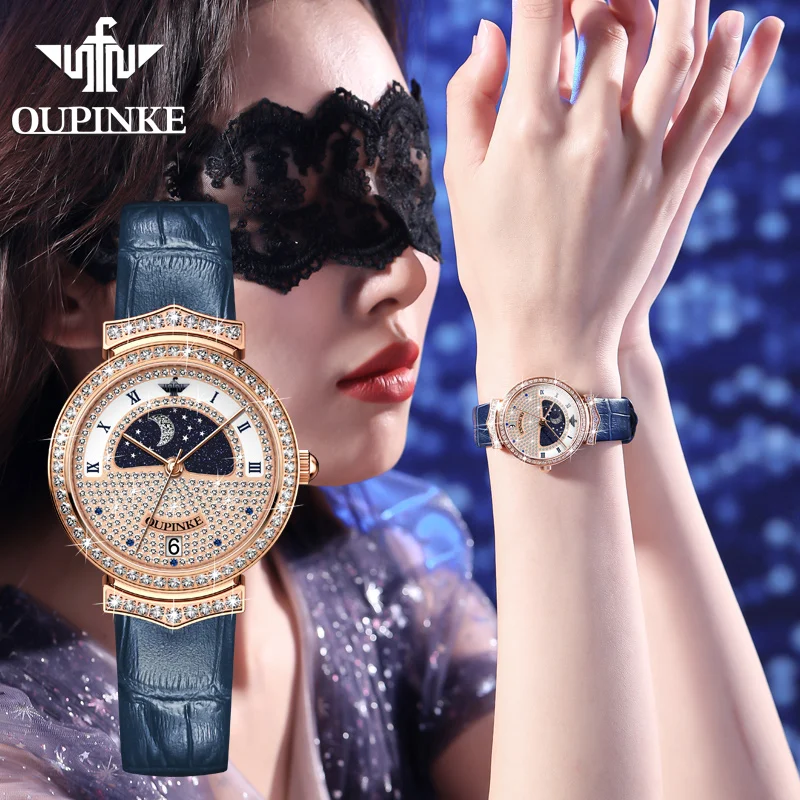 OUPINKE 3216 ساعة كوارتز سويسرية للنساء ذهبي وردي ألماس كامل فاخر مرحلة القمر ساعة يد للسيدات حزام من الجلد ساعة نسائية