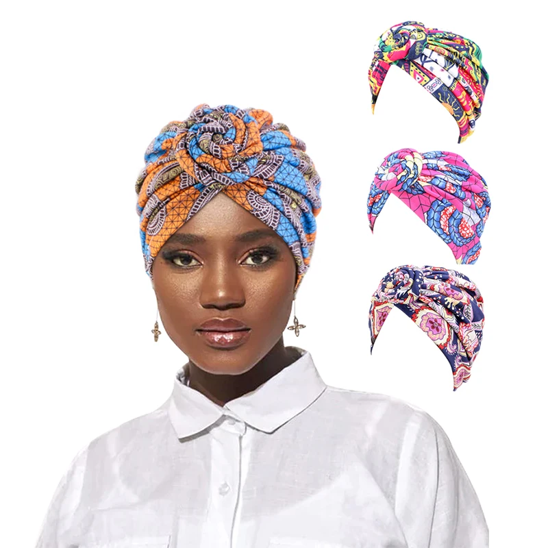 Women African Print Turban Hat Scrunchies Knot Headwrap Stretch Bandanas Party Headwear Ladies Headscarf Hair Accessories