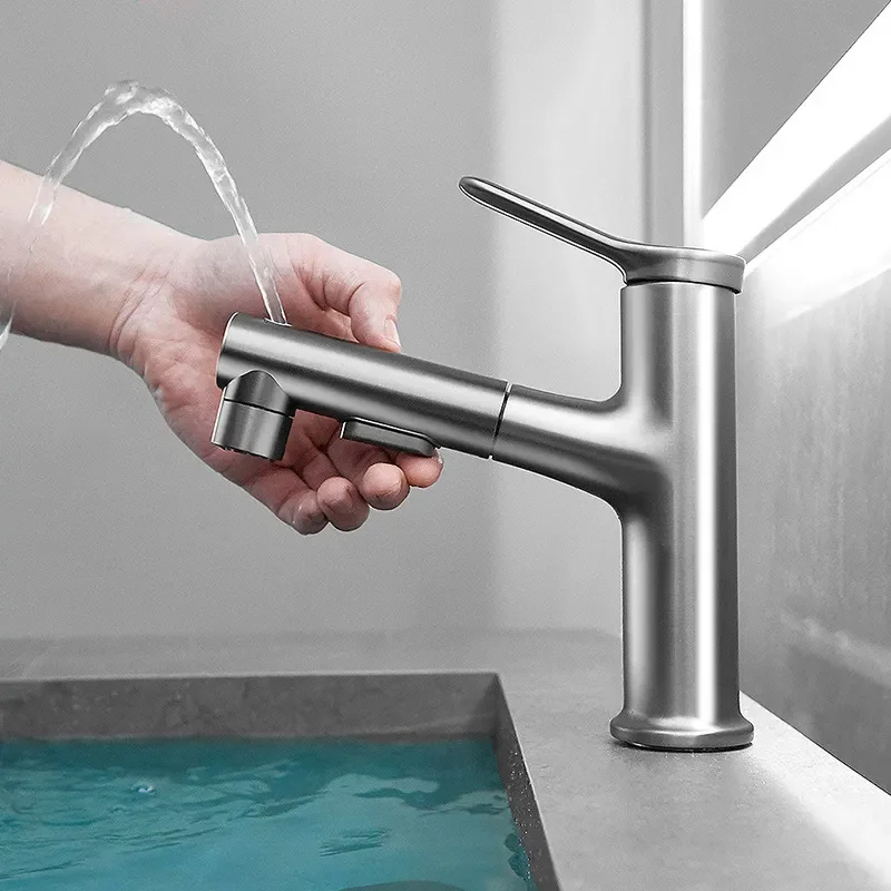 Forge Copper Washbasin Pull Out Faucet Household Face Basin Hot Cold Telescopic Sprayer Paint Finish Sink Mixer Tap