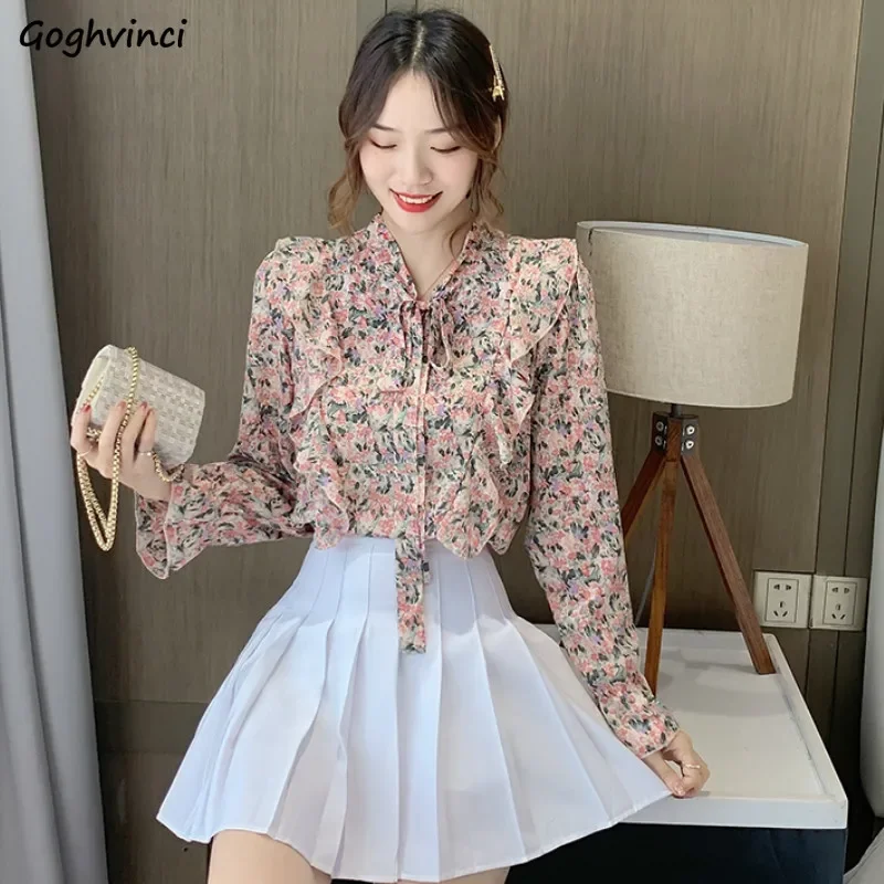 

Блузки женские 3XL с оборками и принтом, v-образный вырез на шнуровке, дизайнерские, свободные, повседневные, мягкие, элегантные, универсальные, модные, весенние, женские, Ulzzang Ins