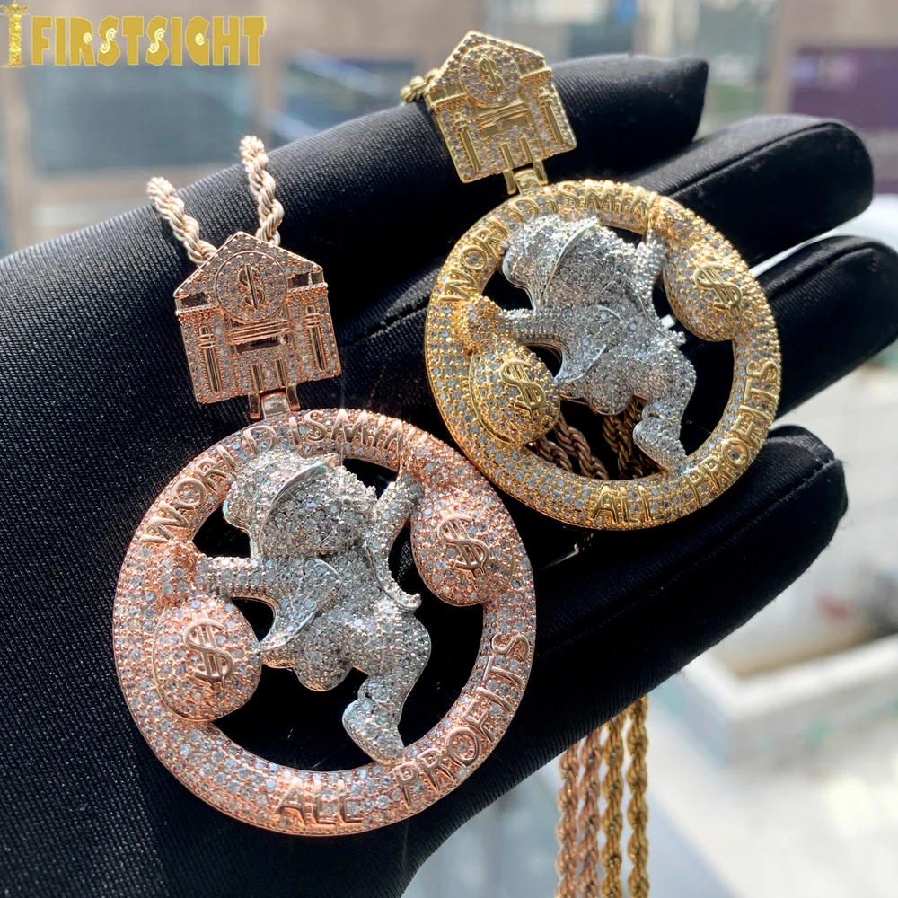 

New Hip Hop Letter All Profit World Is Mine Pendant Necklace Iced Out Bling 5A CZ Zircon Dollar Bag Charm Men's Rock Jewelry