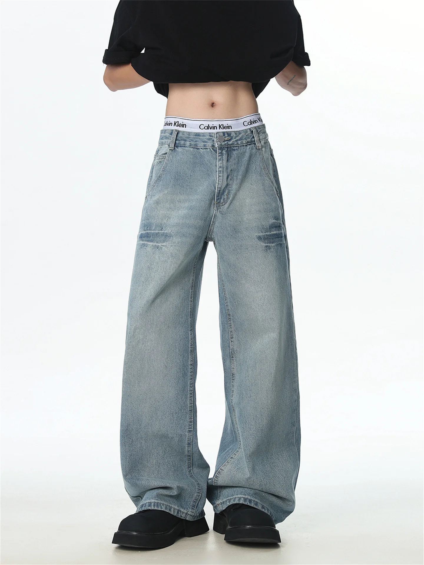 

Casual Loose Straight Leg Men's Jeans Trendy Streetwear High Waist Water Waed Summer Jeans Youth Faion Straight Leg Trousers