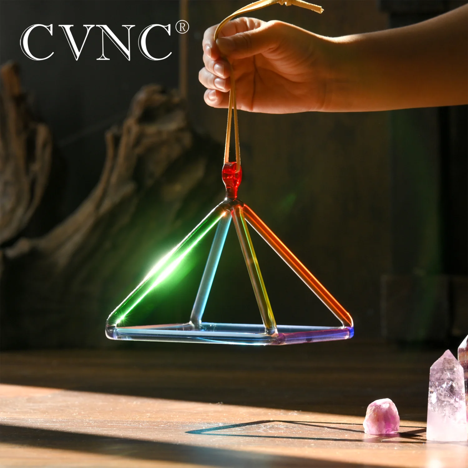 CVNC 8 Inch Rainbow Clear Quartz Crystal Singing Pyramid for sound healing instrument with Mallet