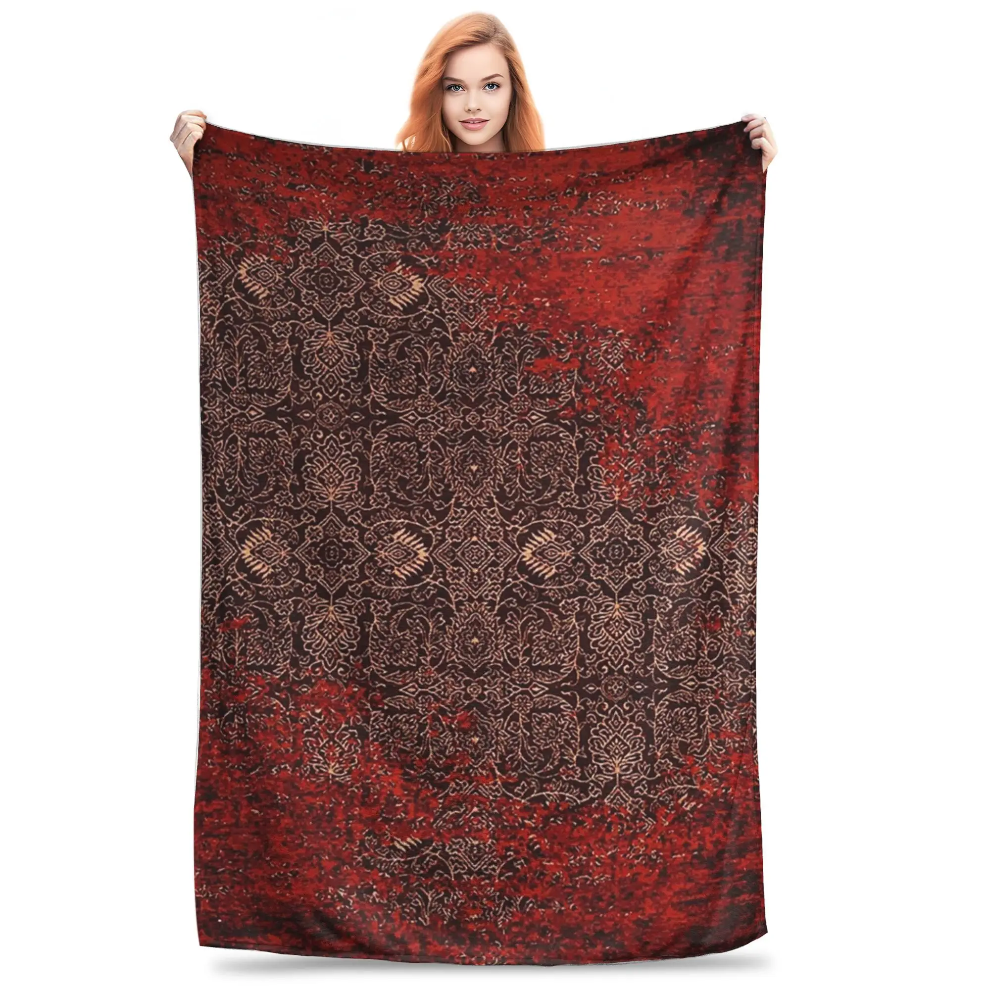 

Red Vintage Oriental Traditional Moroccan Artwork Blanket Soft Warm Flannel Throw Blanket Bedspread for Bed Picnic Travel Home