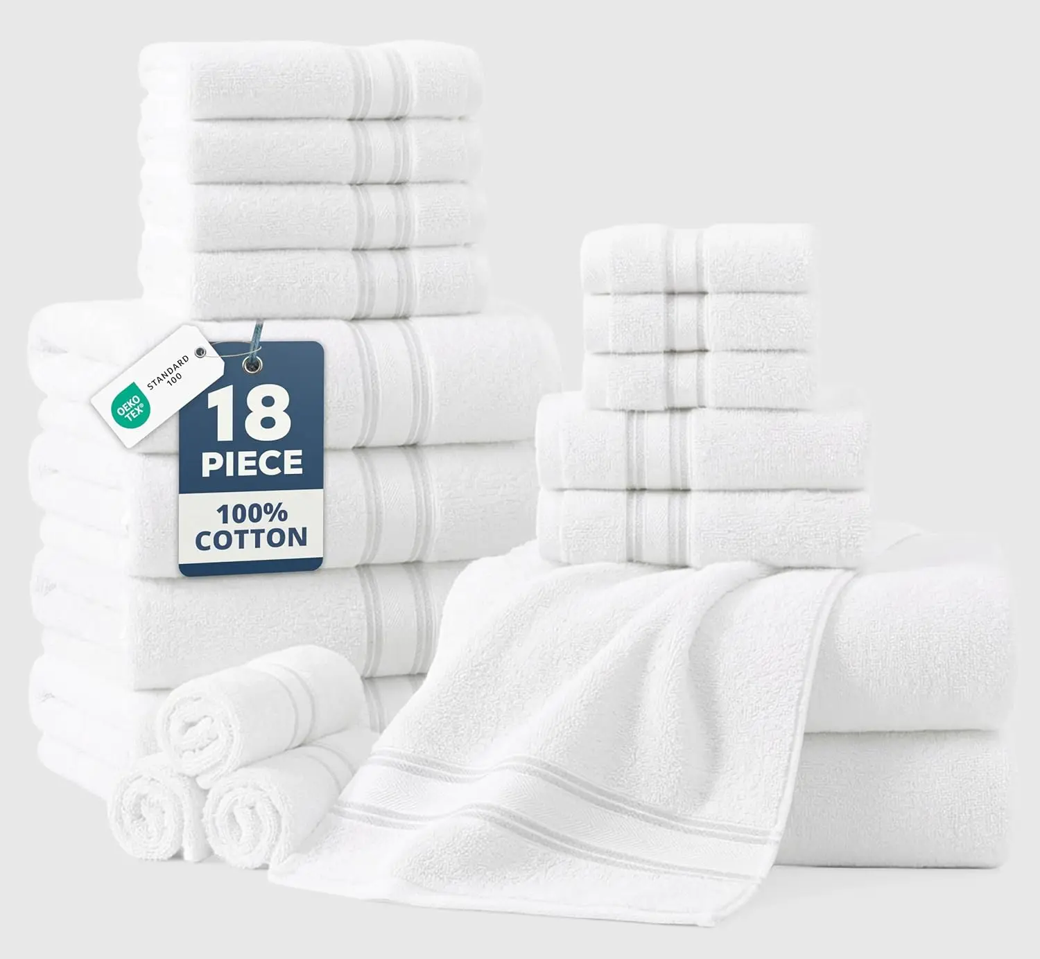 

18-Piece 100% Cotton Towel Set: 6 Bath, 6 Hand, 6 Washcloths - Quick Dry, Zero Twist, Hotel Quality, Easy Care, White