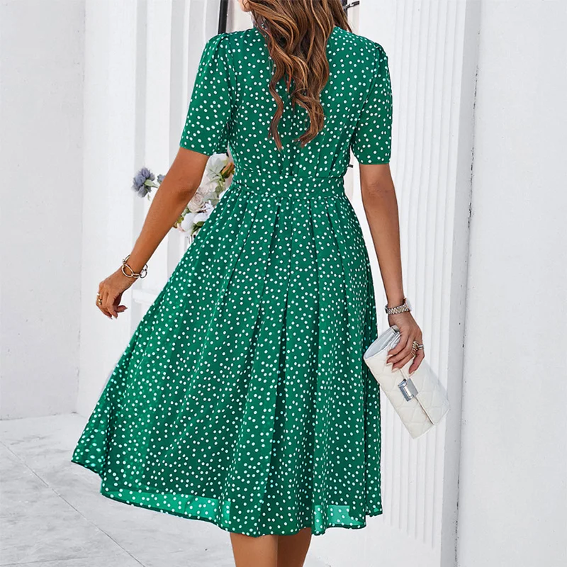 Boho femmes été à manches courtes à pois robe mi-longue pour la plage Vintage robe d'été décontracté plissé robes de soirée robes femme