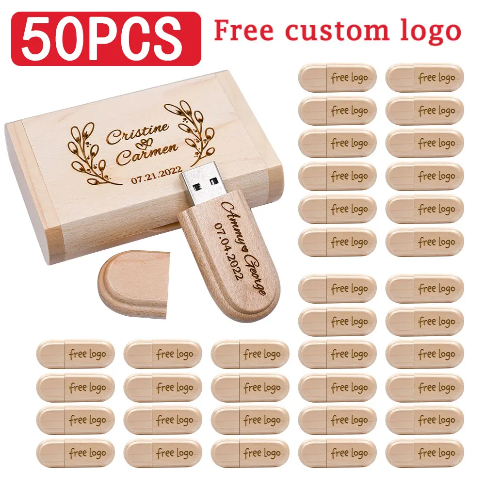 50PCS/LOT USB 2.0 Flash Drive 128GB Free Custom Logo Memory Stick 64GB Wedding Creative Gift Pen Drive 32GB Maple Wood USB Stick