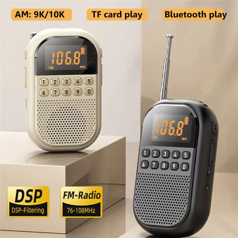 ABSQ-Mini Pocket FM AM-radio Groot LCD-scherm Radio-ontvanger Draadloze Bluetooth-luidspreker TF-kaart Muziekspeler voor ouderen
