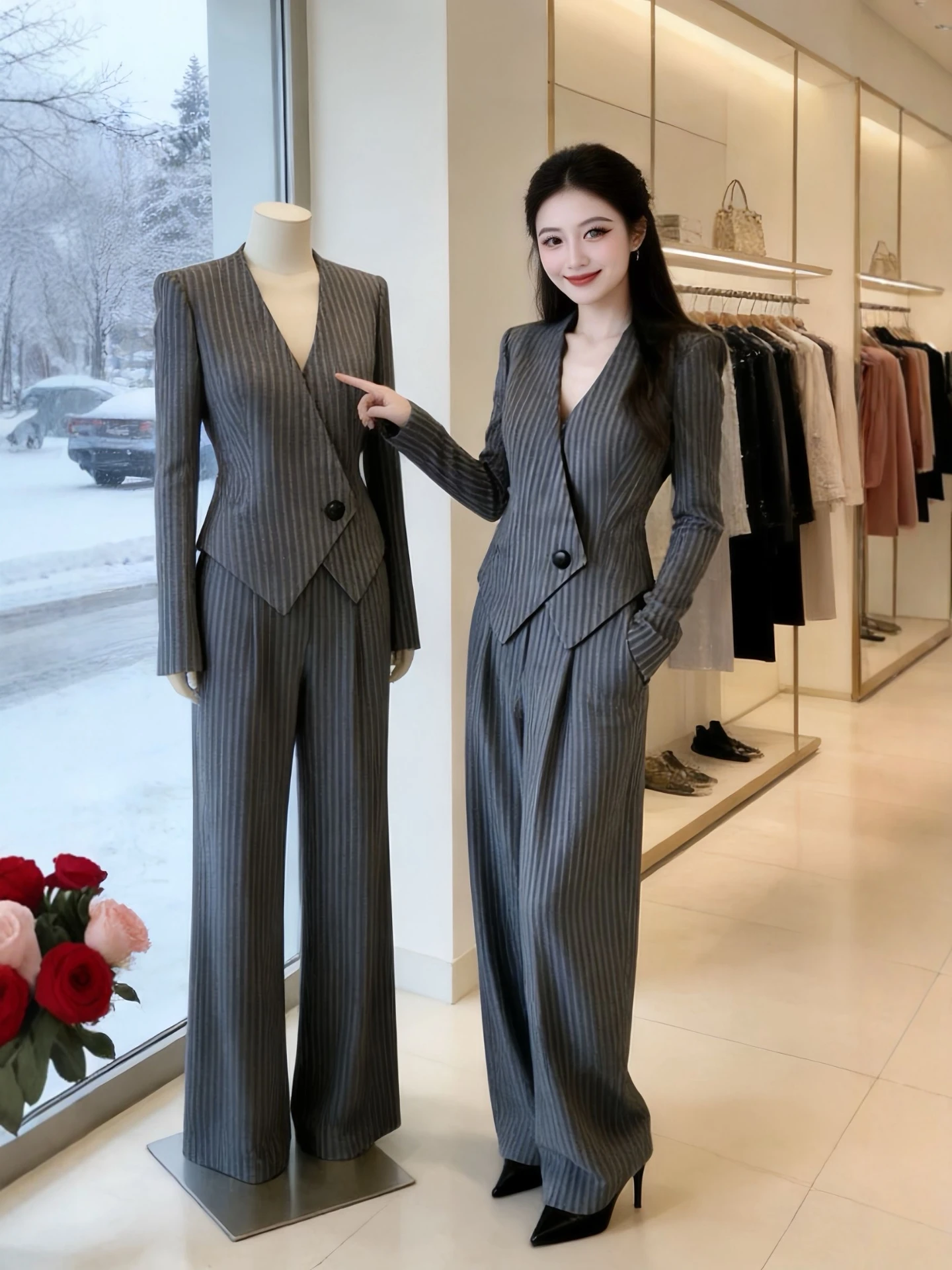 plus Size Autumn Fashion Set with Waist-Cinching Stripes Jacket And Wide Leg Pants Vintage Rich Style Women's Clothing