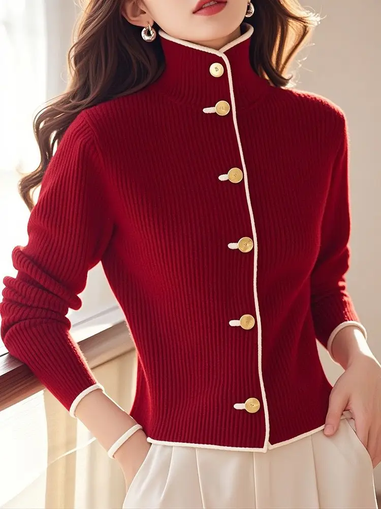 New Chic Red Knit sweater Long Sleeve Turtleneck Cardigan Women Fall winter Elegant Lady Commuter Casual top Knitwear