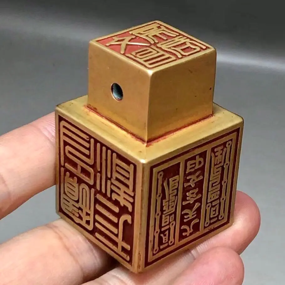 Chinese Feng Shui Taoism Brass Cinnabar Six sided carving seal Collection Crafts