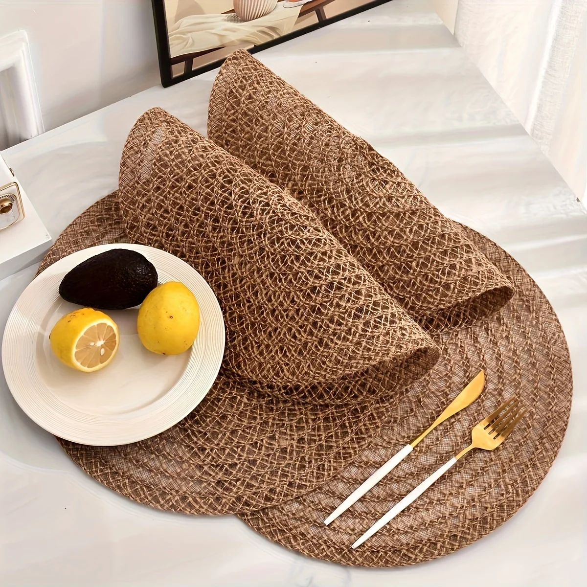 6pcs Jute Placemats Natural Material Non-Slip Heat Resistant Round Placemat Woven Mats for Parties Wedding Kitchen Table Decor - Image 2