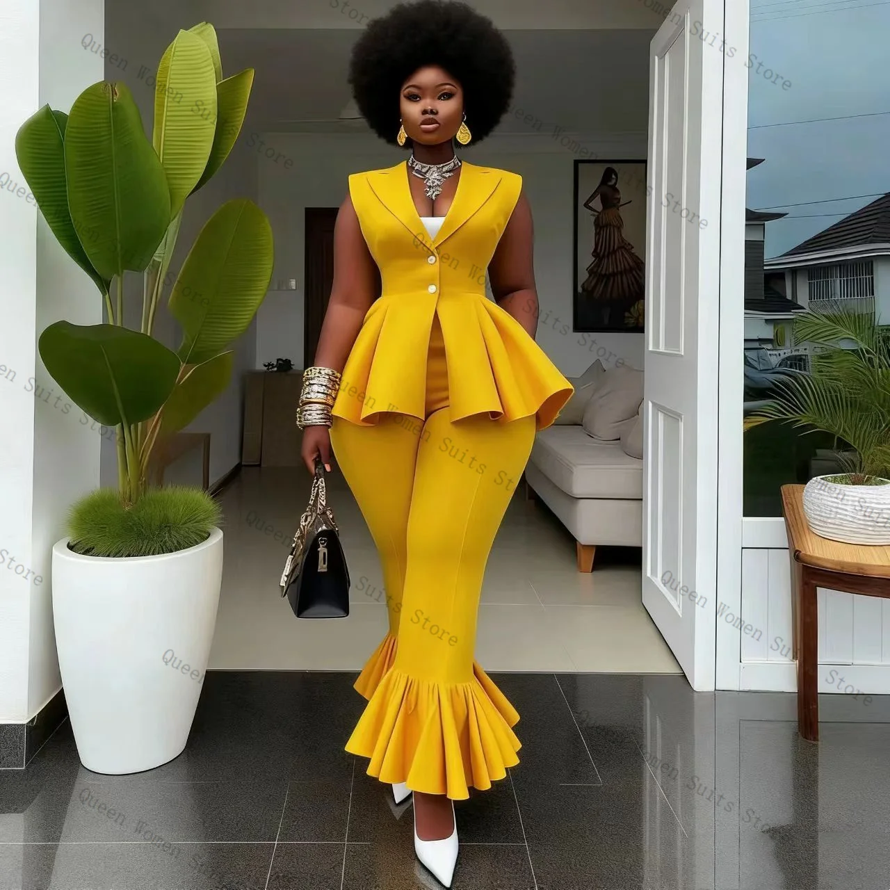 Yellow Women Suit Pants Set 2 Pcs Vest+Trousers Cotton Prom Formal Office Lady Jacket Sleeveless Wedding Coat Customized