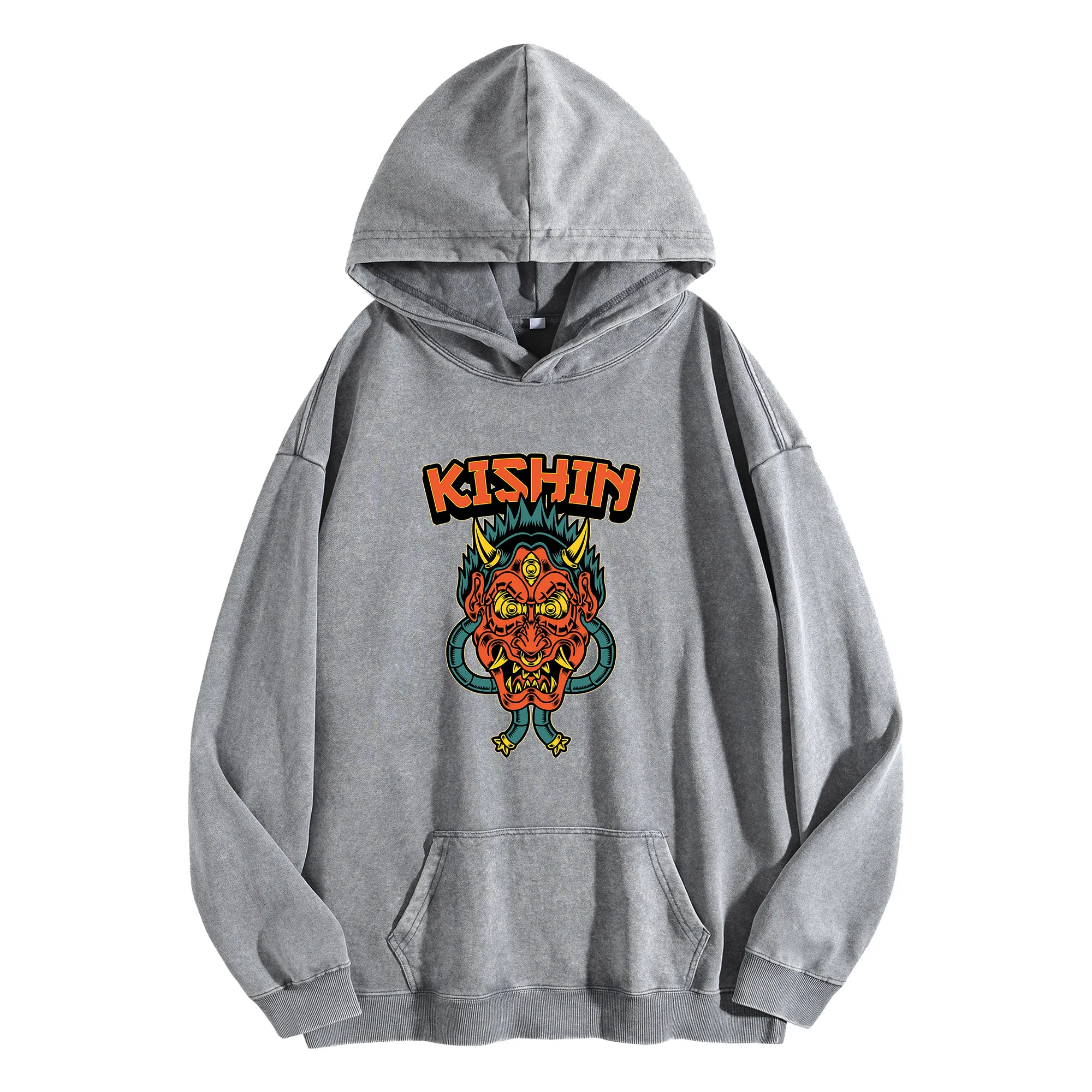 KISHIN طباعة جرافيك 400G هوديي عتيق مغسول للجنسين بلوفر كبير الحجم ملابس الشارع مجموعة الخريف/الشتاء #1