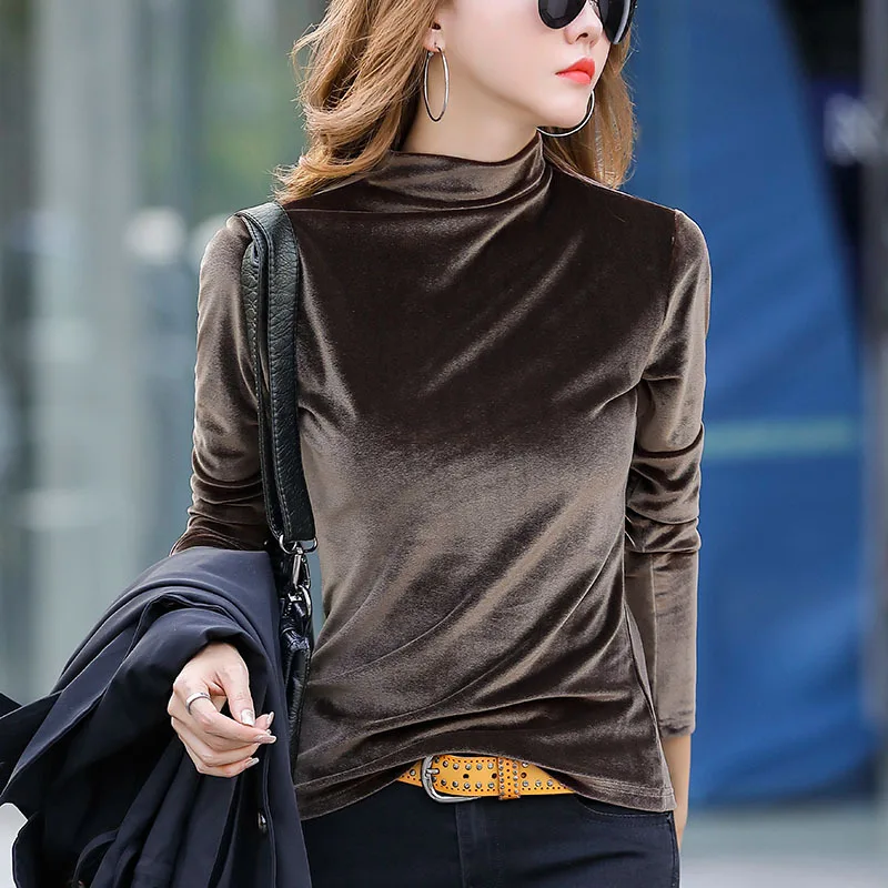 HI-FASHION Winter Warm Turtleneck Long Sleeve Velvet Shirt High Collar Slim Elegant Luxury Velour Blouse Spring Tops