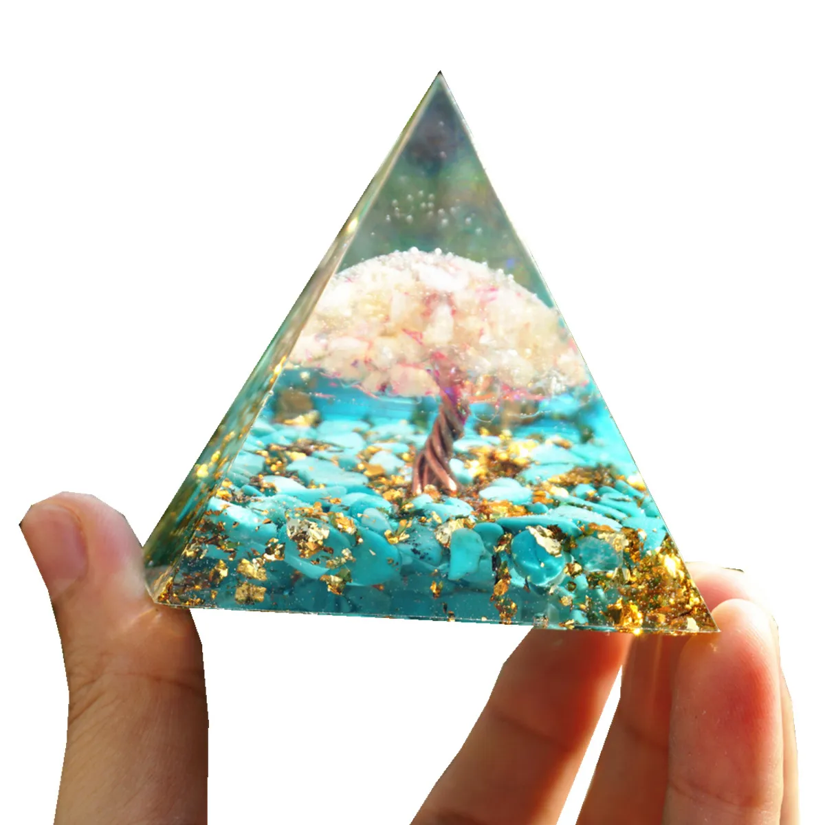 Tree of Life Orgonite Pyramid Citrine Quartz&Gold Foil With Turquoise Crystal Reiki Energy Orgone Pyramide