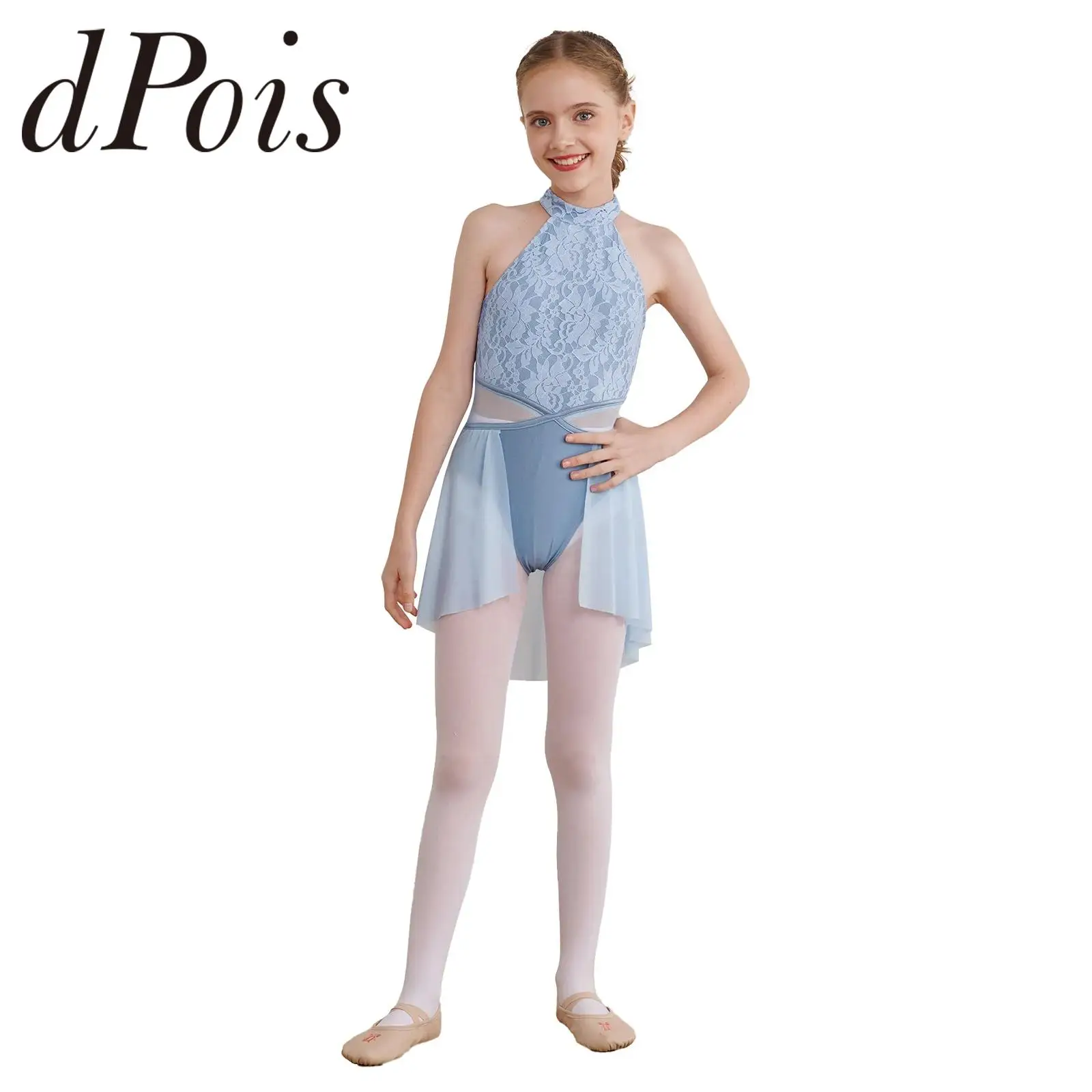 Kids Girls Sleeveless Lace Floral Ballet Dress Gymnastics Leotard Teens Dancewear Children Irregular Hem Figure Skating Dress