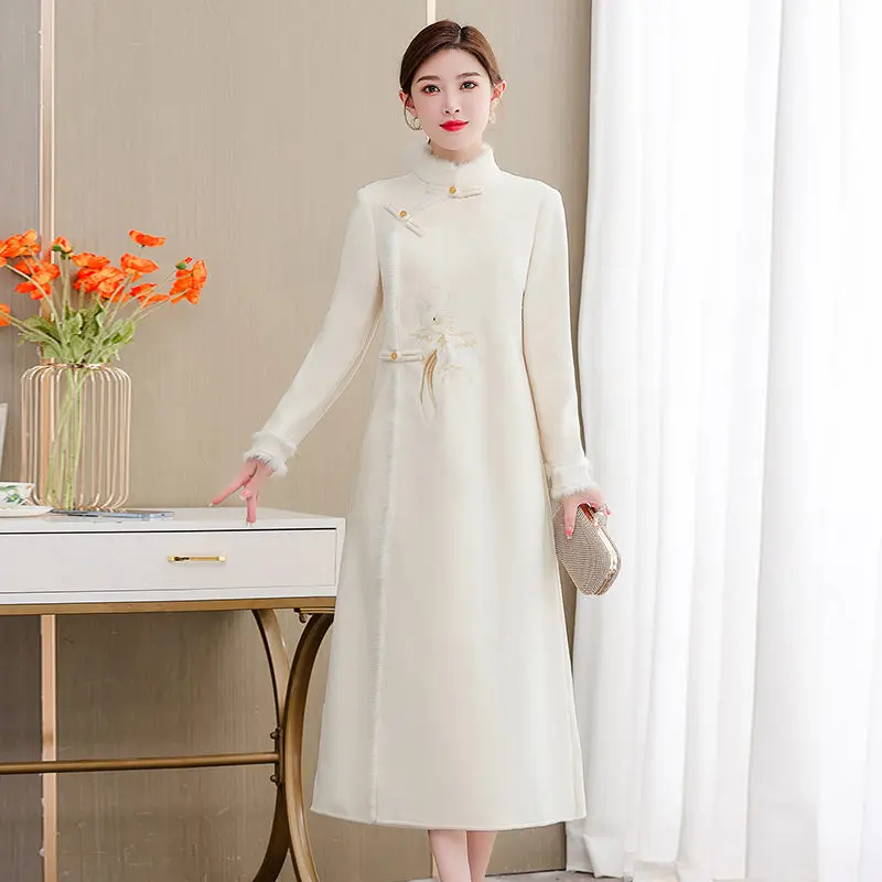 

Elegant 2022 Autumn Winter Clothing Chinese Style Retro Improved Cheongsam Tang Suit Hanfu Jacket Medium Length Woolen Coat t171