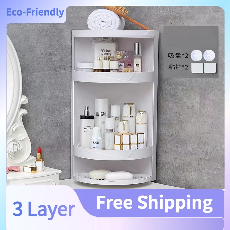 3-Layer Bathroom Corner Storage Rotating Wall-Mounted Shelf Shampoo Cosmetics Kitchen Household Bathroom Storage Accessories