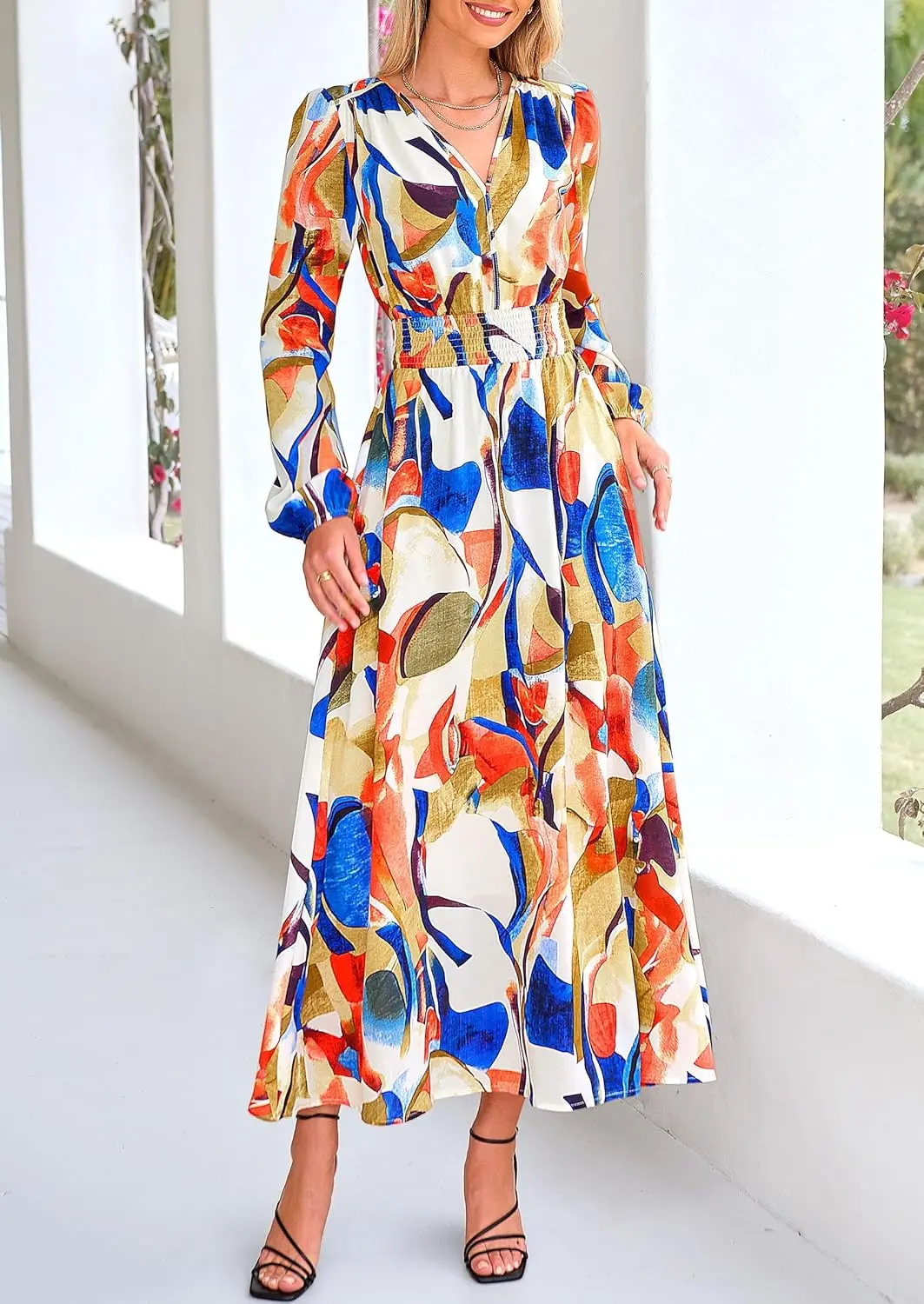 Prettygarden Women's Spring Floral Midi Dress Fall Long Sleeve V Neck Flowy Casual Beach Vacation Wedding Guest Dresses