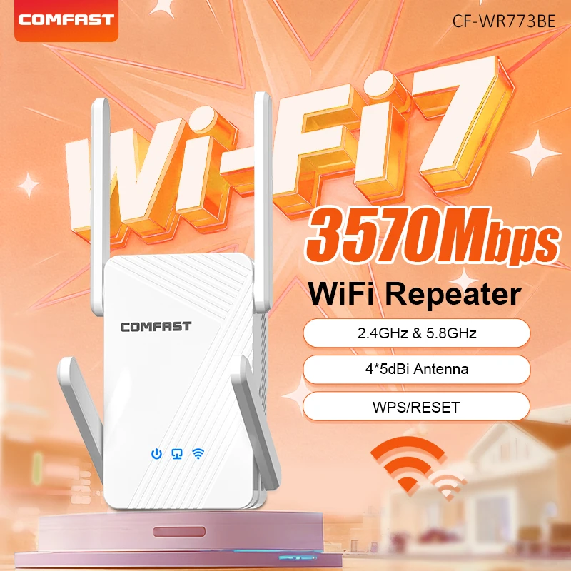Comfast 2.4g/5g 3578mbps wifi7 wifi repetidor extensores wifi 1*1000m rj45 porta amplificador de sinal wi-fi 4*5dbi antena wps/reinicialização