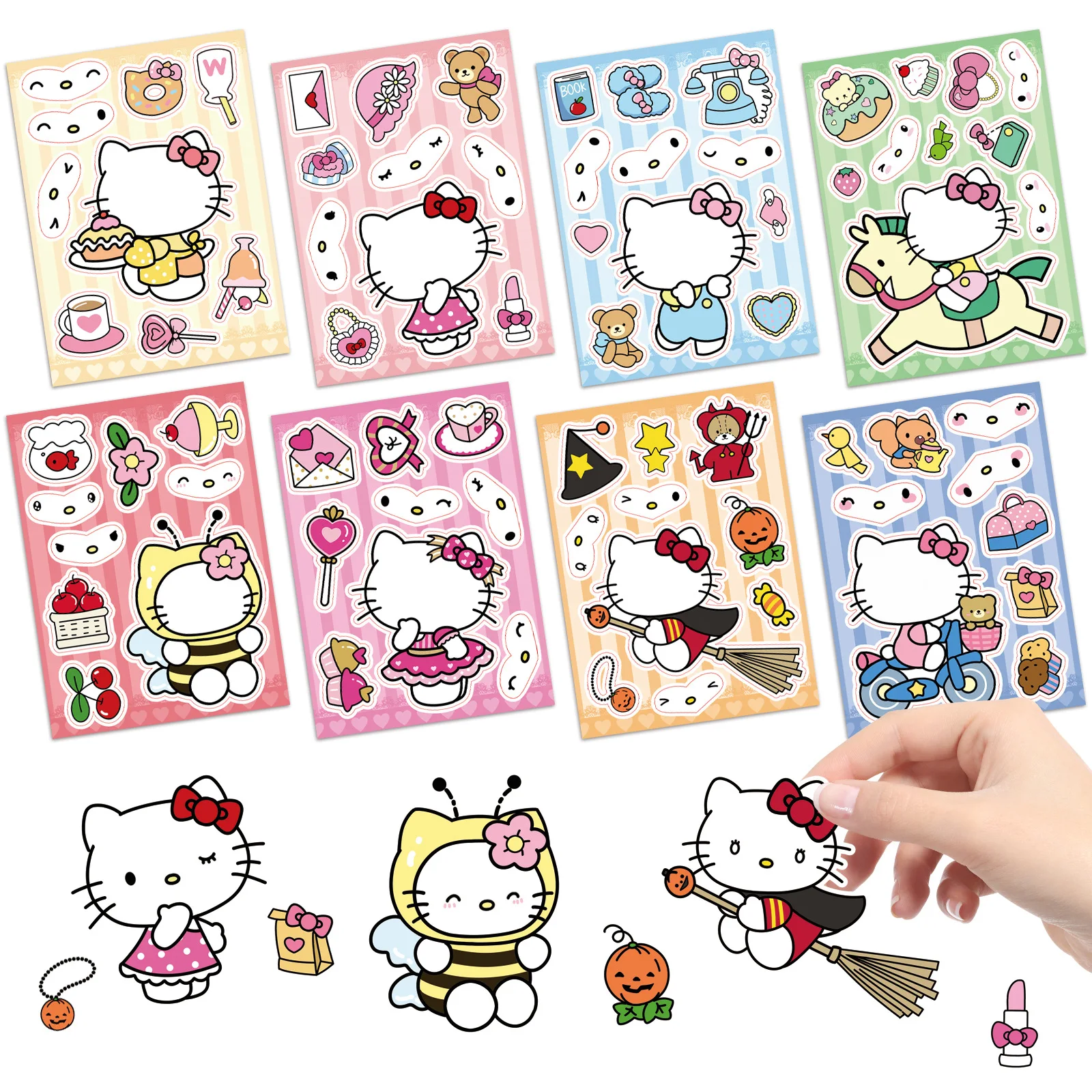 8Sheets Cute Hello Kitty Anime Puzzle Stickers DIY Make-a-Face Assemble Funny Cartoon Decal Assemble Jigsaw Girl Toy Kid Gift