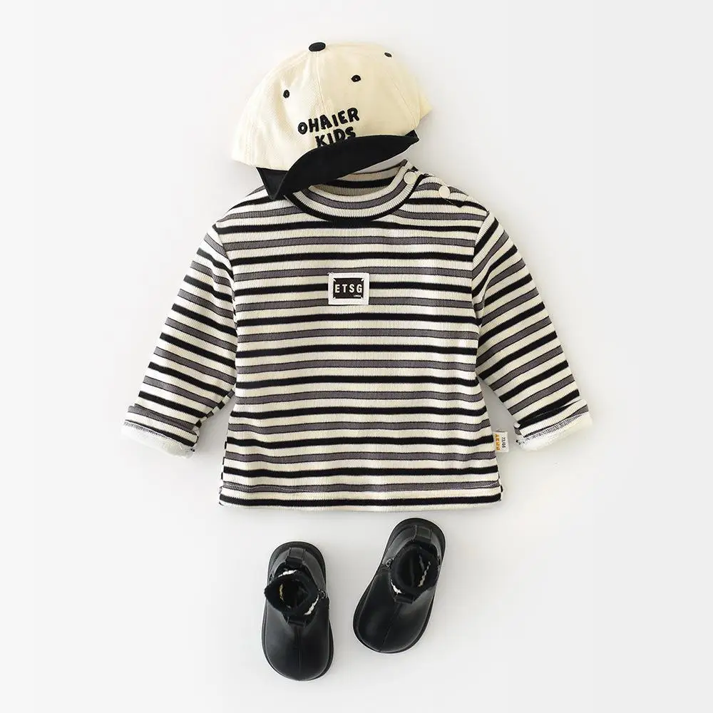 2025 شتاء جديد طفل طويل الأكمام الصوف المحملة الرضع بنين بنات عادية مخطط قاع القمصان زائد المخملية سميكة طفل الملابس #1