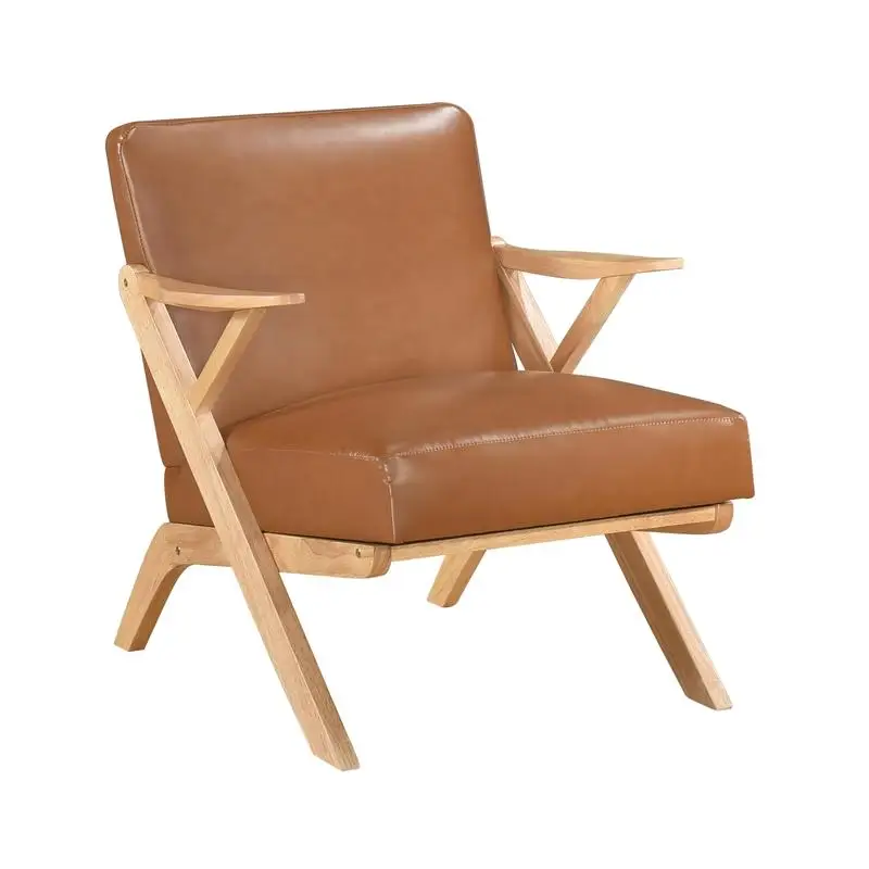 Natural Finish Solid Rubberwood Accent Chair, Brown Faux Leather Upholstery, Living Room Furniture, 1pc