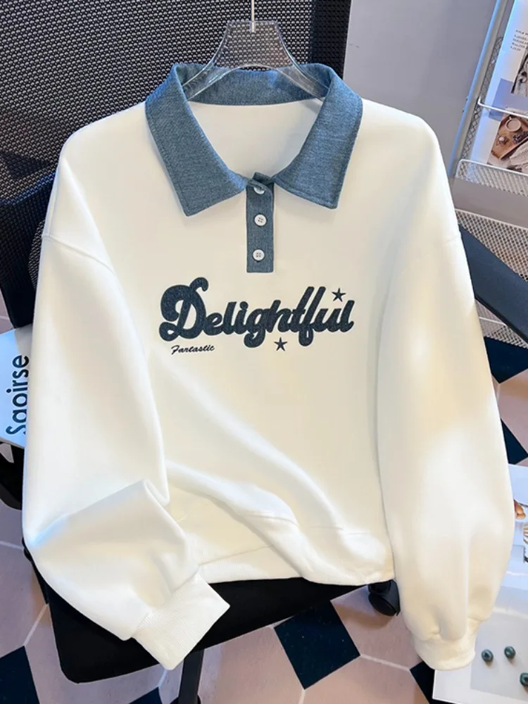 

Embroidered Letter Collar Sweatirt Women's Spring Autumn Loose Fit Hatl Top Original Design Cotton Polyester Blend