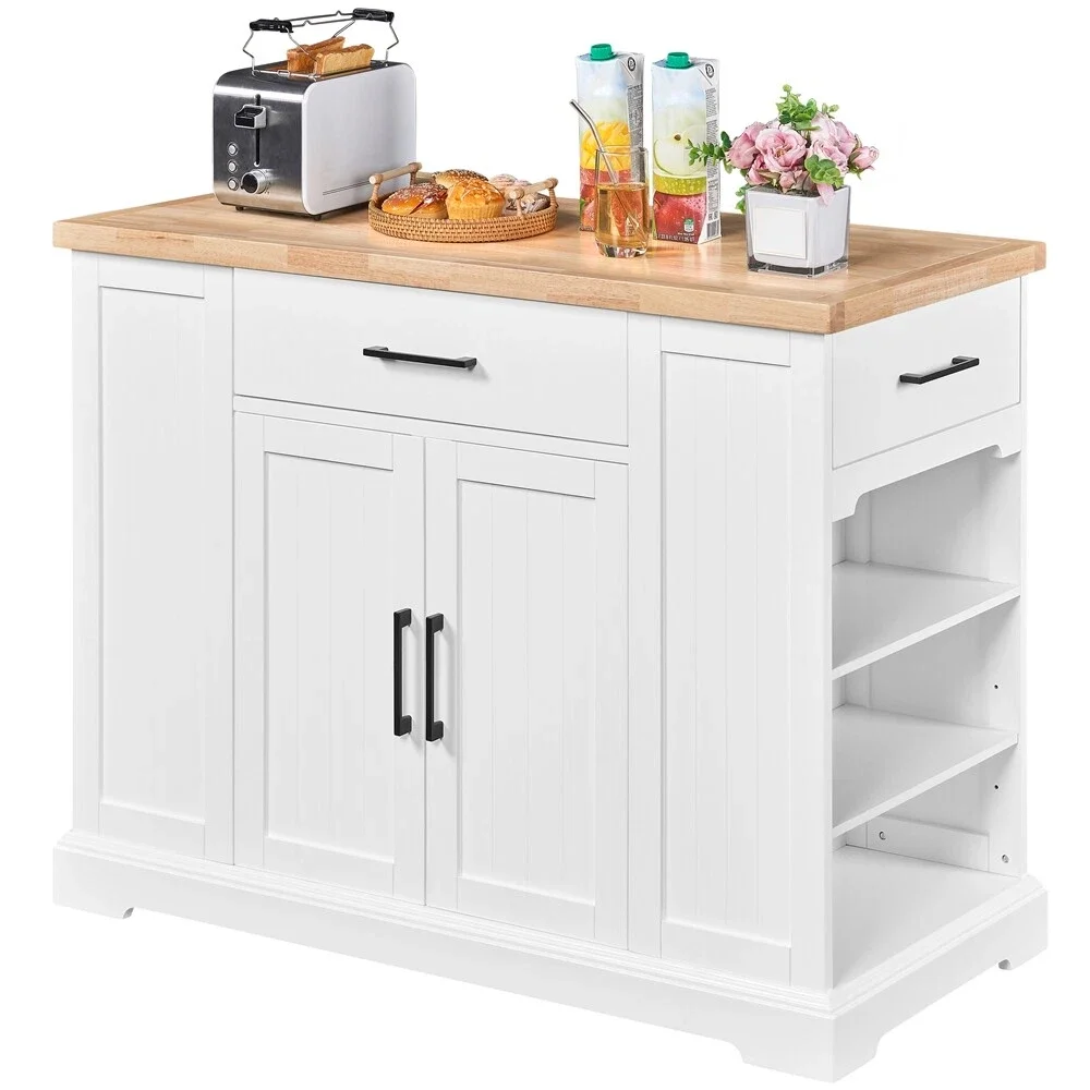 

Kitchen Island Storage Cabinet on Hidden Wheels with 3 Drawers and Open Shelves
