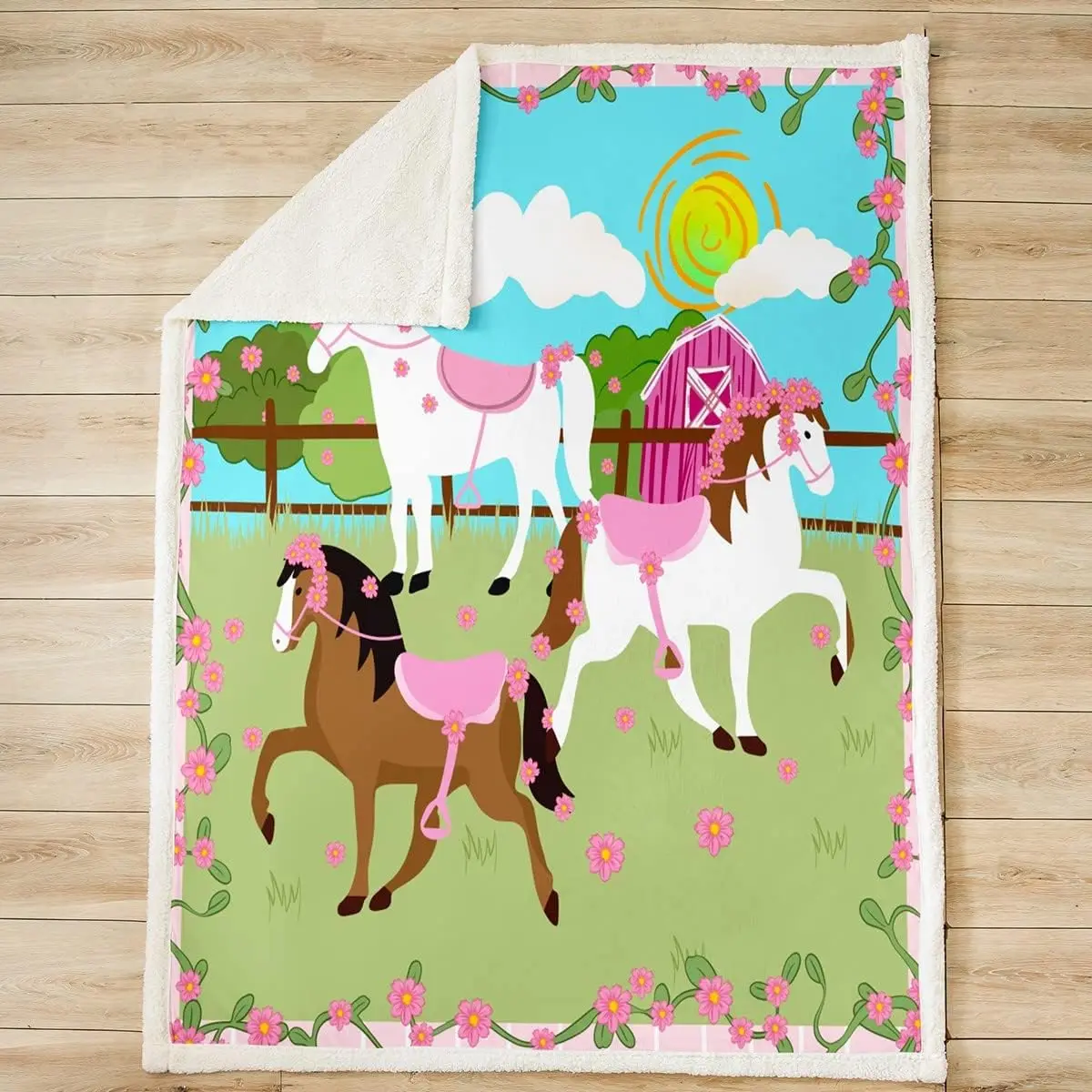 Cartoon Horse Sherpa Blanket Galloping Horse Plush Blanket Cute Animal Floral Decor Fleece Throw Blanket for Adults