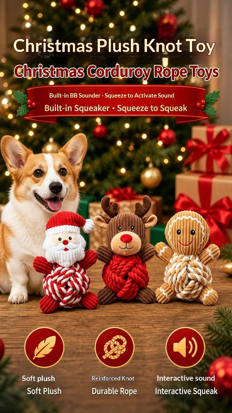 Weihnachtliches Welpen-Kauspielzeug, Baumwollseilball, Plüsch-Quietschspielzeug für Hunde, zur Linderung von Zahnfleischschmerzen und zur Bekämpfung von Langeweile, langlebiges Haustiergeschenk, Hundespielzeug – Detail 2