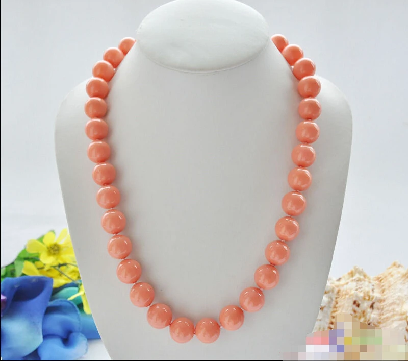 

Hot sell Noble 14mm coral-pink round SOUTH SEA SHELL PEARL NECKLACE Noble style Natural Fine jew