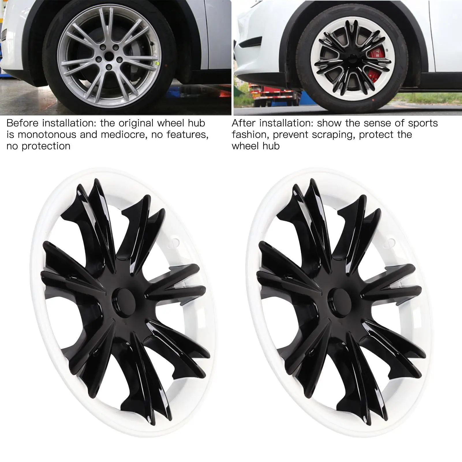 4PCS 19in Car Wheel Hub Cap Black for White Color Blocking Lightweight Resilient for Tesla model y 2020 2021 2022 ABS Hub Cap