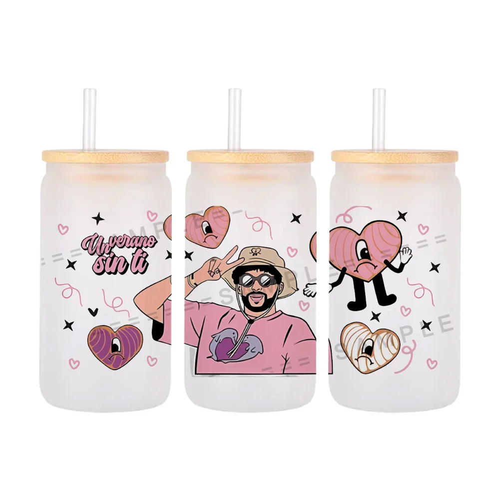 11x24cm Bad Bunny Love For Libbey 16oz Can Glass 3D Waterproof UV DTF Coffee Can Wrap Libbey Glass Wrap