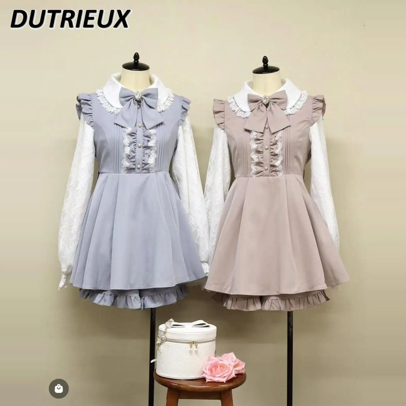 

Japanese Sweet Two Piece Set Cute Big Bow Slim Shirt Lace Splicing Fungus Edge Long-sleeved Top and Base Shorts Outfits