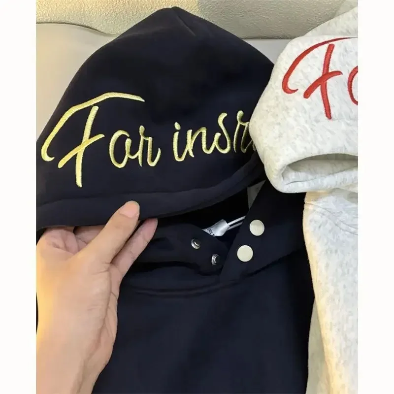 Letter Embroidery High Quality Button Hoodie Sweatshirt Men And Women Y2k American Retro New Trend Loose Oversize Streewear