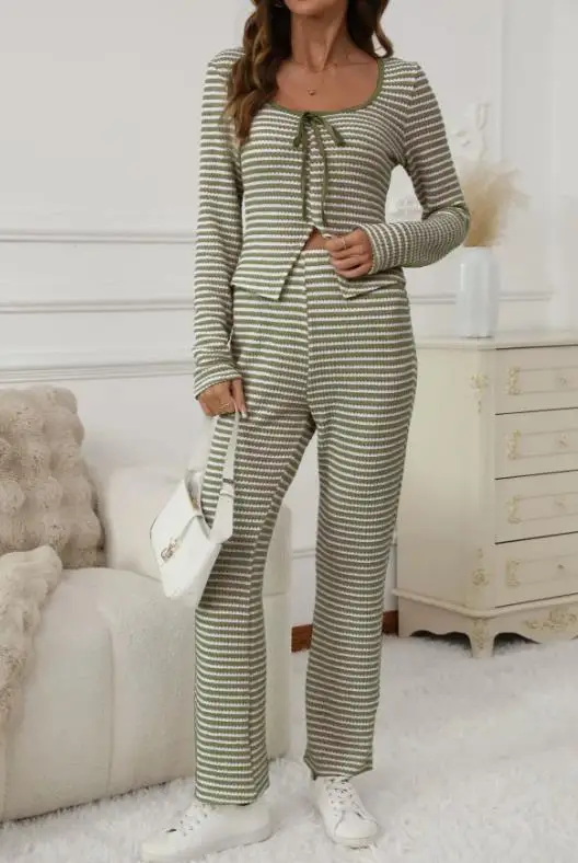 

Two Piece Set Women Outfit 2026 Spring Autumn New Lace Up Striped Round Neck Long Sleeved Slim Top & High Waist Pants Set
