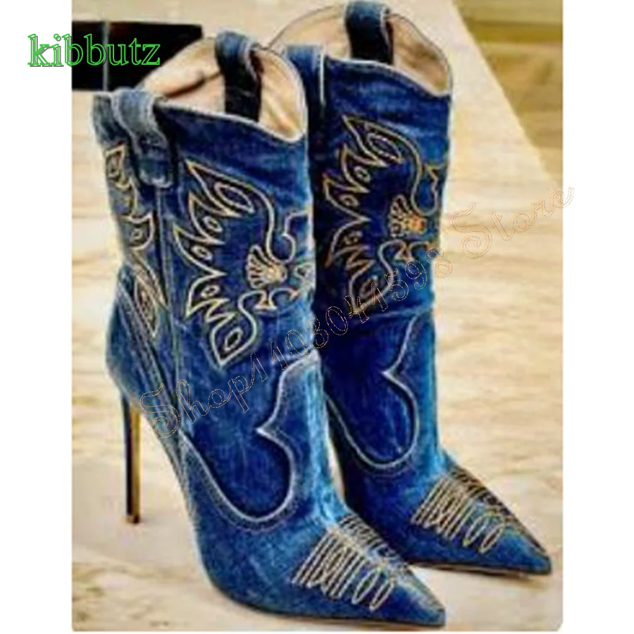 Vintage Embroidered Denim High Heel Boots,Pointed Toe Stiletto Mid Calf Boots Party Women Boots 2024 New Zapatos Para Mujere