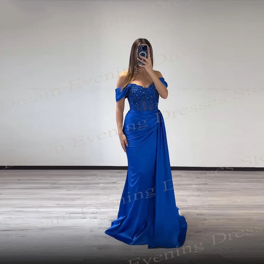 Vestido de noche de sirena para mujer, traje clásico sin mangas, hombros descubiertos, ocasión Formal, color azul