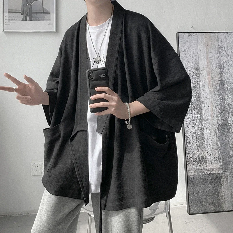 

Japanese Style Summer Men's Cotton Linen Shirt Thin Section Three-Quarter Sleeve Wind Road Robe Retro Casual Loose Shirt Jacket