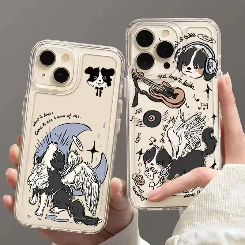 Funda de teléfono con dibujo de Ángel, oveja, perro, cachorro, guitarra, funda transparente para iPhone 15 Pro Max 13 12 11 14 Pro X XS XR 7 8 Plus