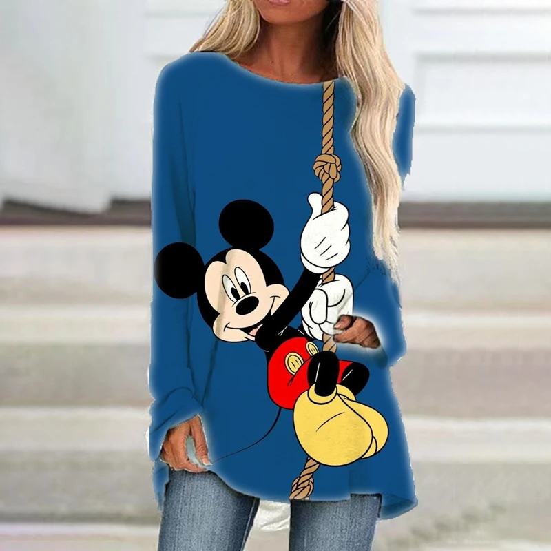 Spring and Autumn New Mickey Minnie Cartoon Women's Round Neck Loose Long Sleeve Pullover T-Shirt Versatile Casual T-Shirt Top